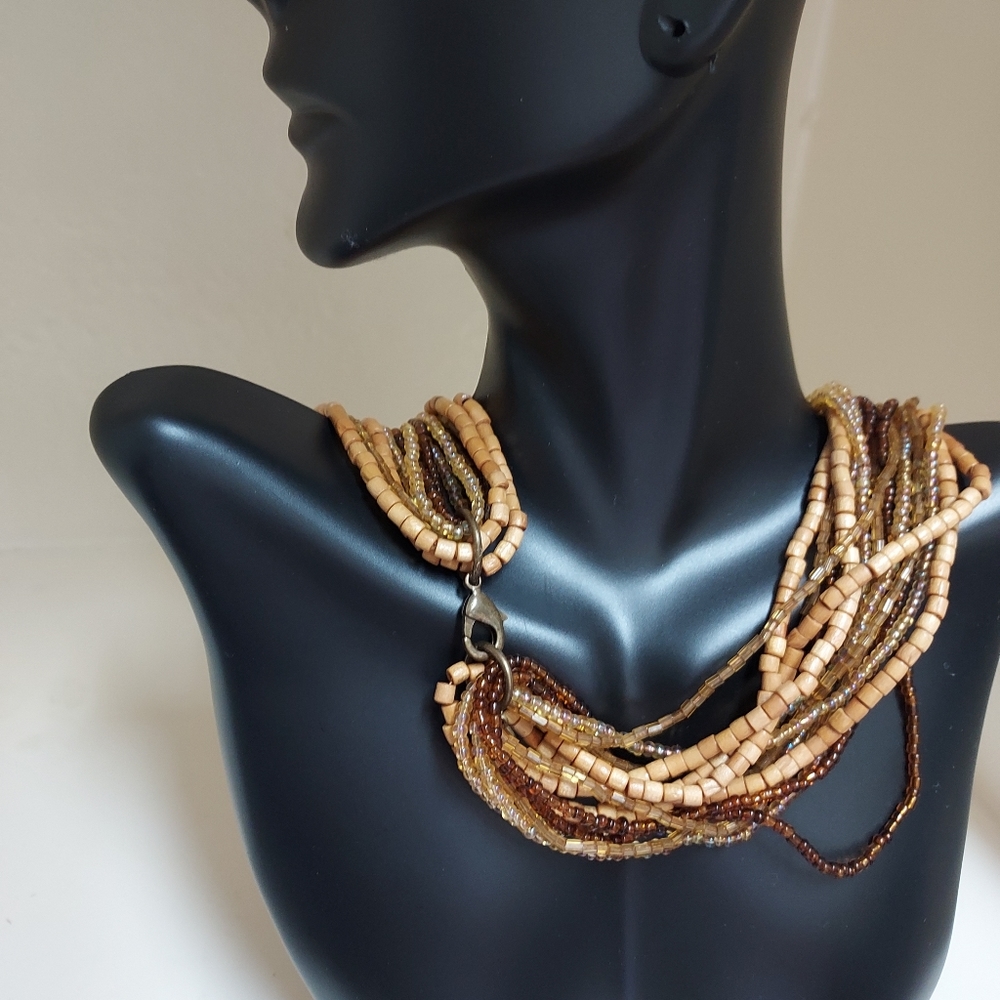 MULTISTRANDED GOLD SEEDED AND WOOD BEAD NECKLACE W/MATCHING BRACLET - Picture 2 of 2